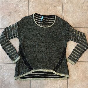 Black and Gold Crew Neck Sweater with Striped Accents